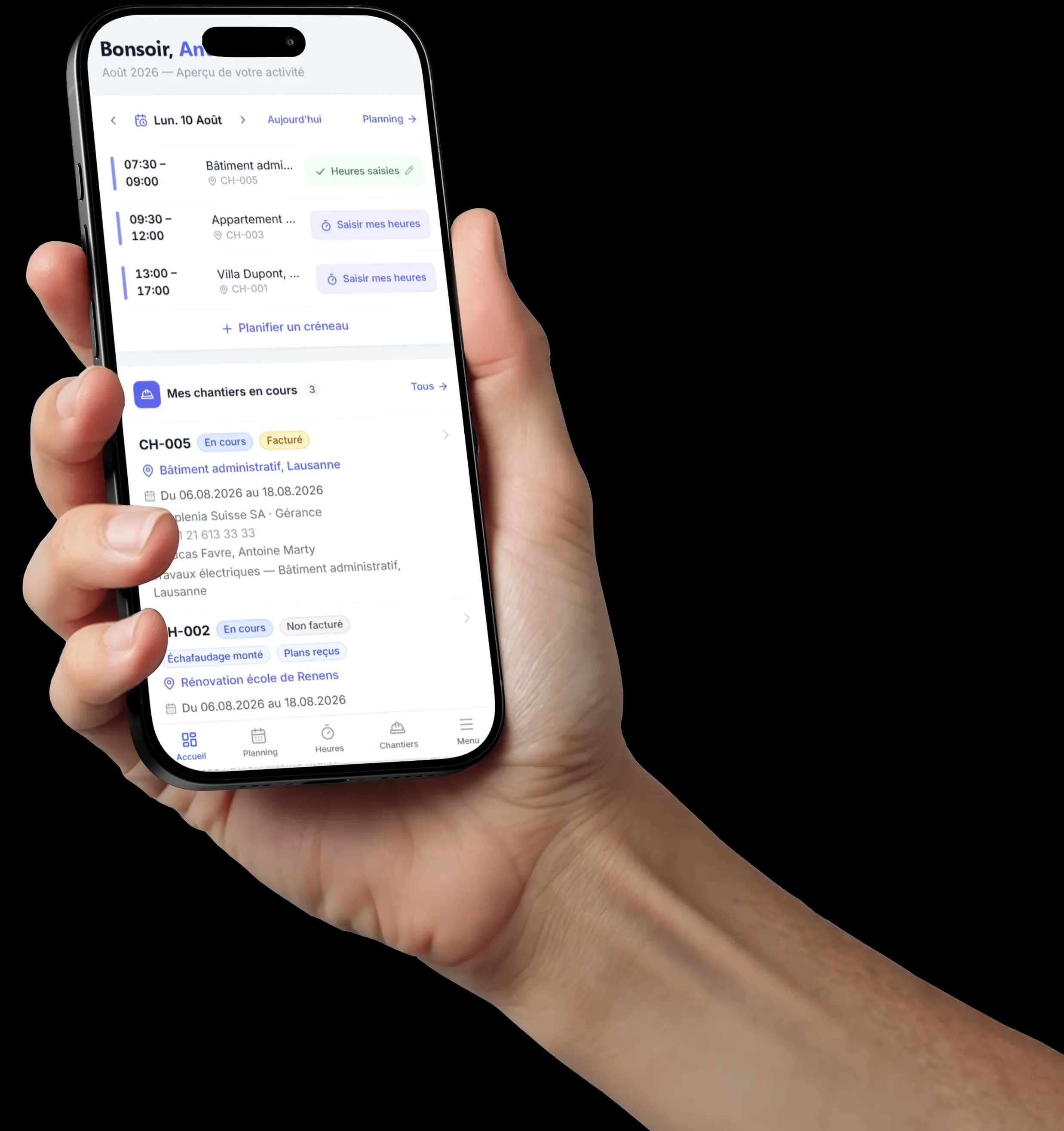 Planning Miltone sur téléphone avec accès à la saisie des heures par chantier