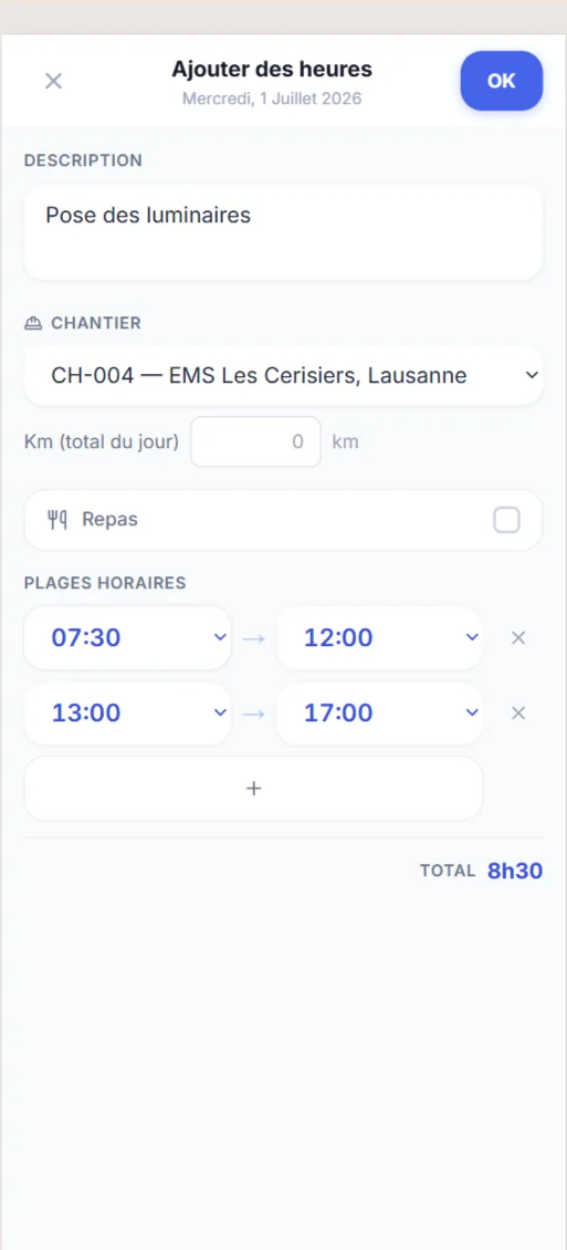 Saisie des heures sur mobile