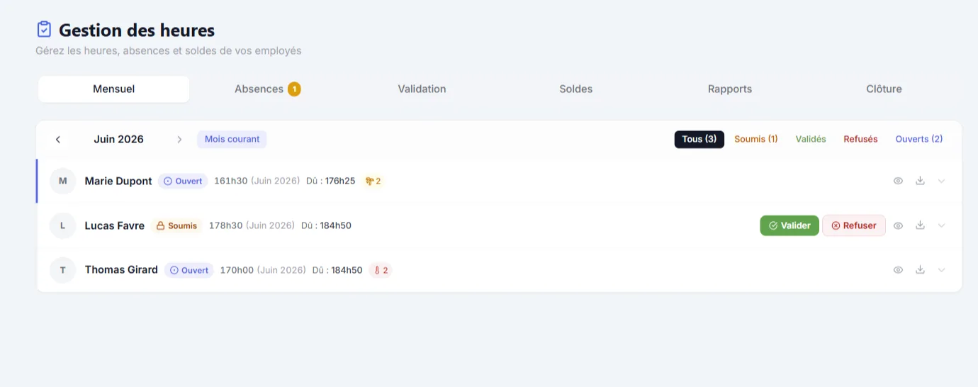 Validation et export mensuel des heures
