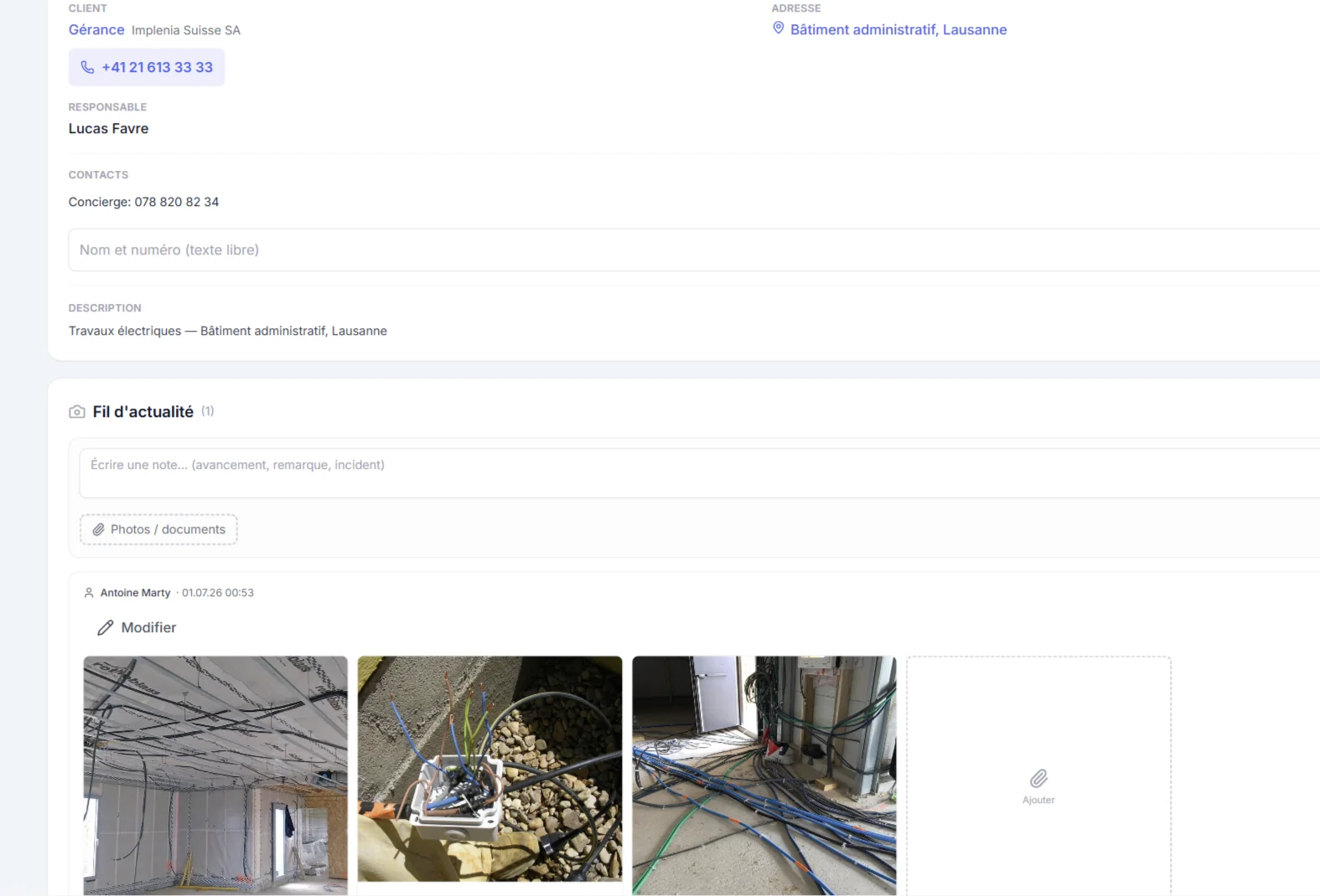 Fiche chantier dans Miltone — photos, matériel et heures rattachés