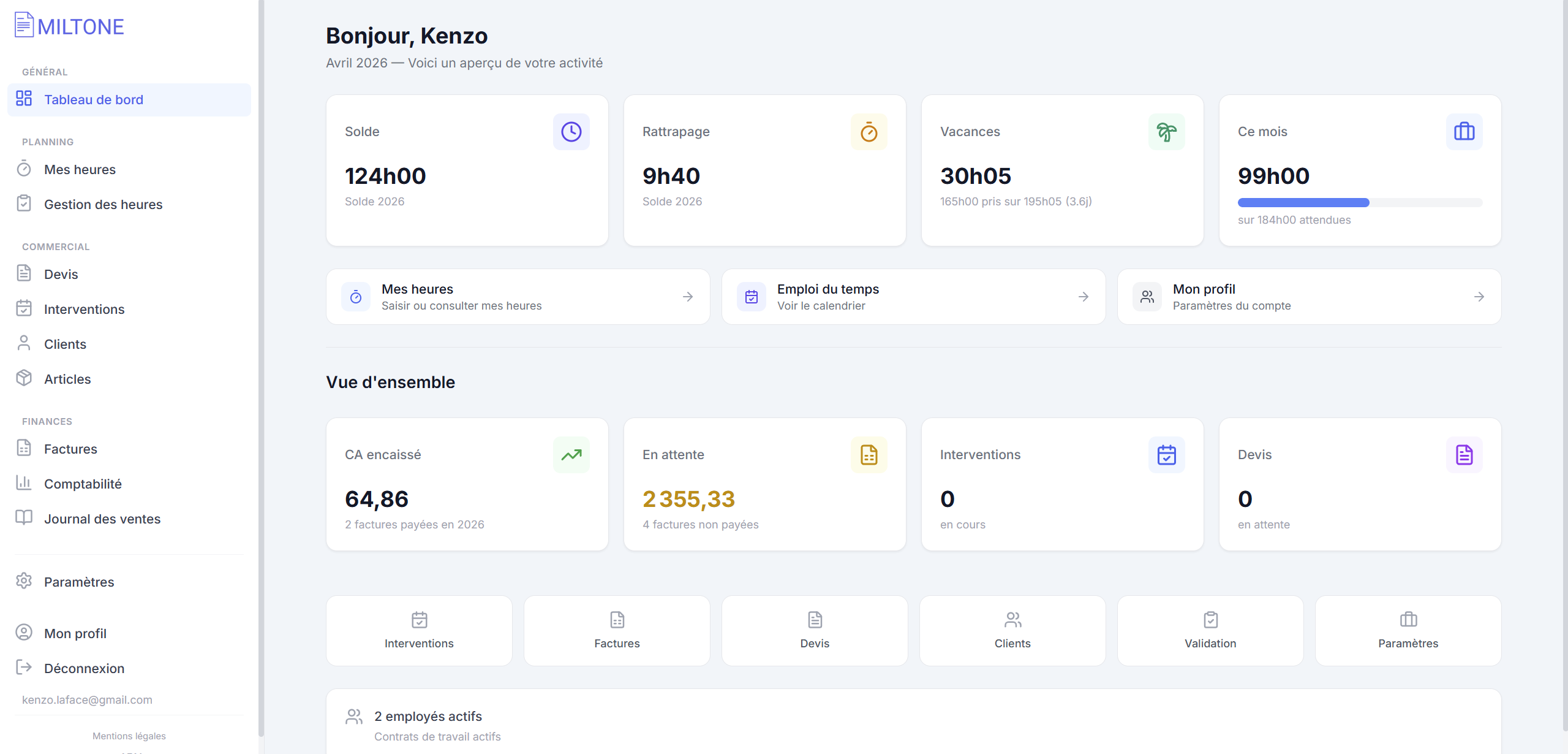 Interface Miltone — Tableau de bord